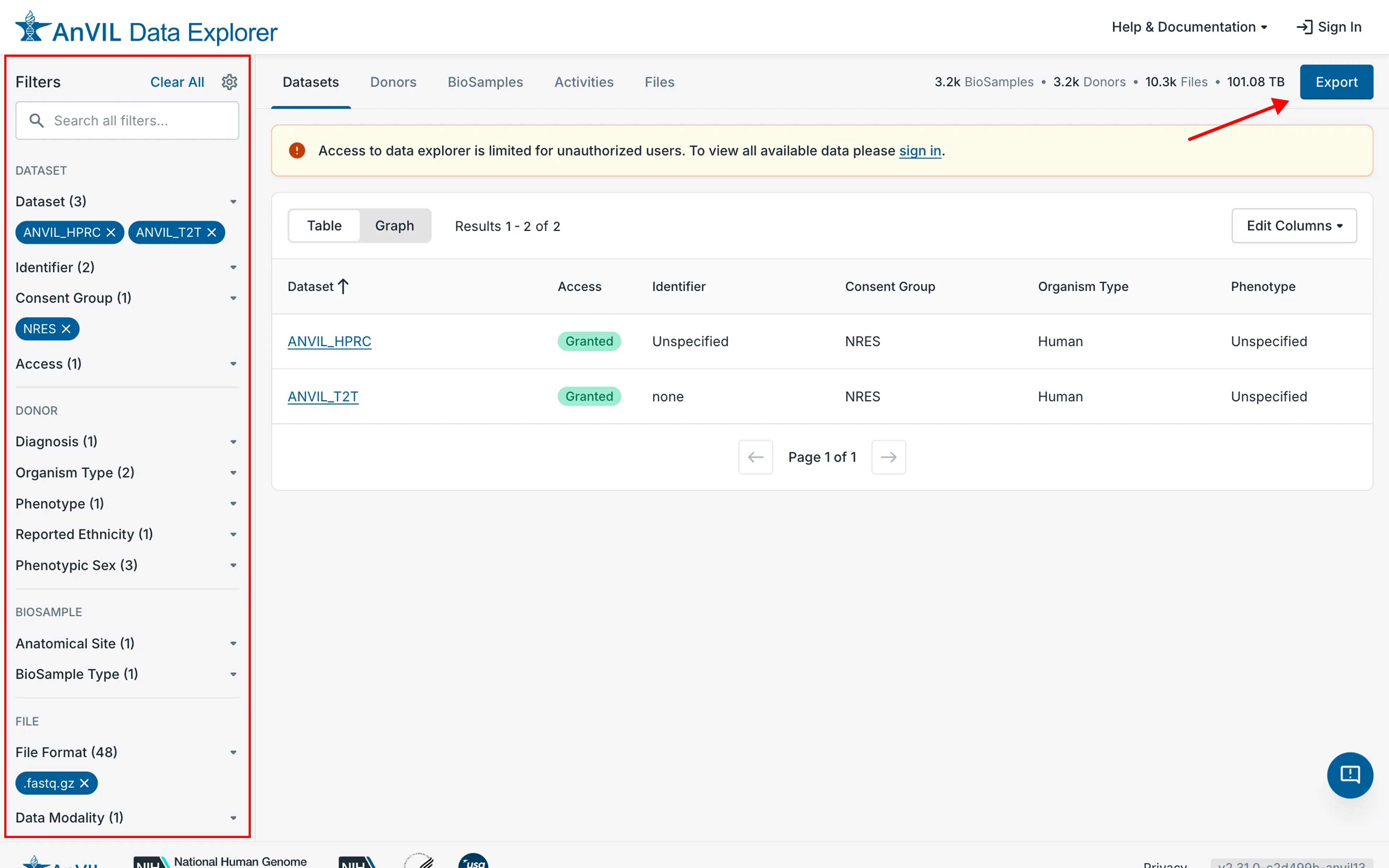 Select datasets and click Export