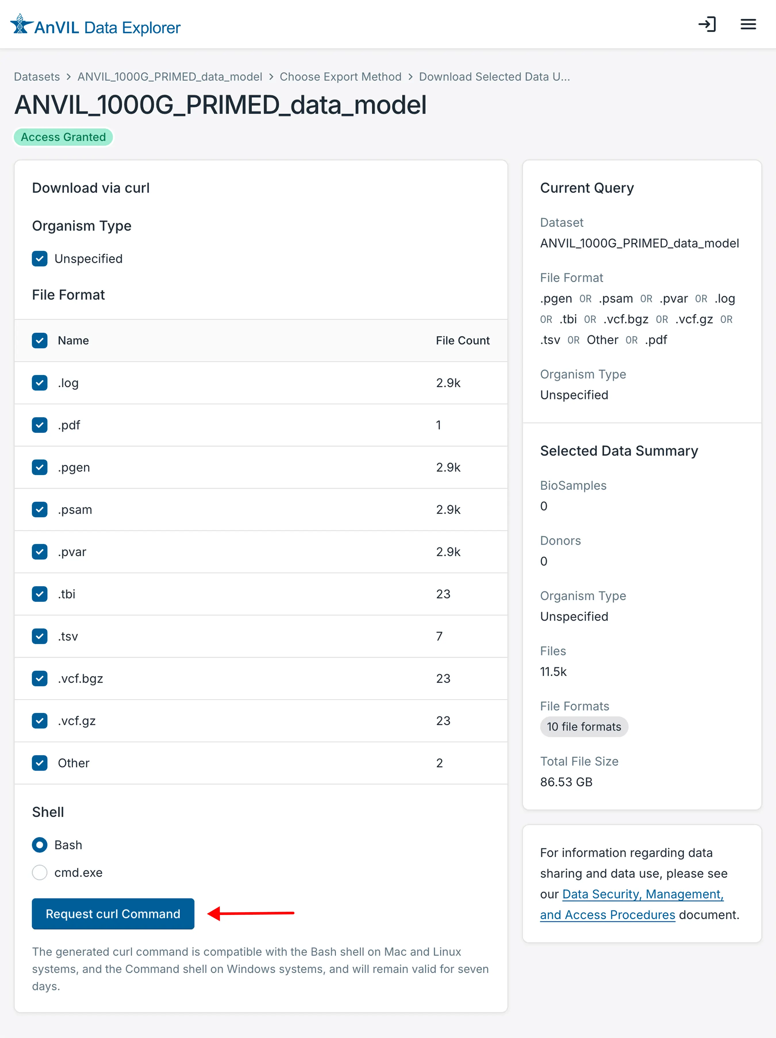 Click the Request curl Command button
