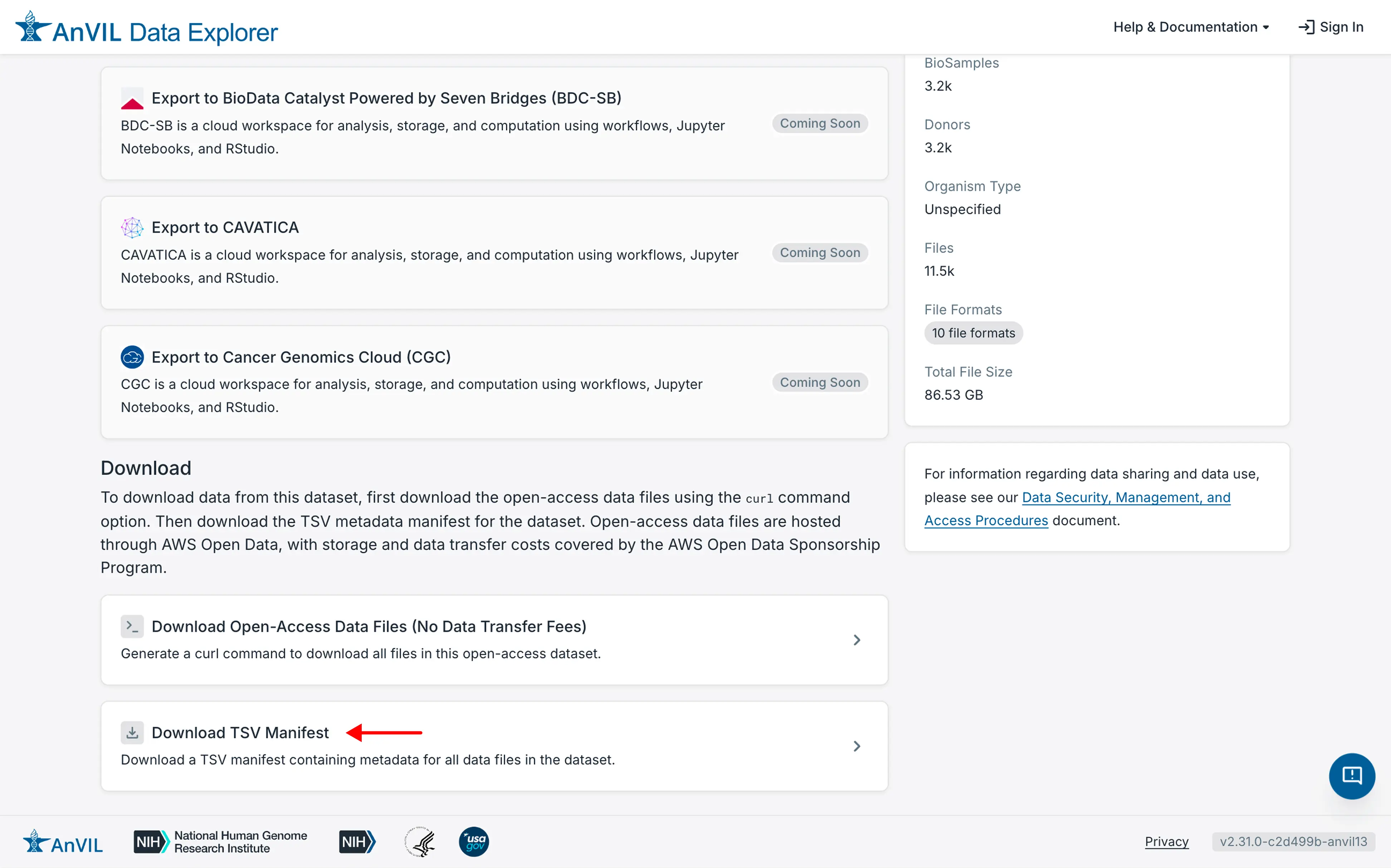 Click Download TSV Manifest